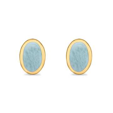 Solitaire Oval Stud Earrings Yellow Tone, Natural Larimar 925 Sterling Silver